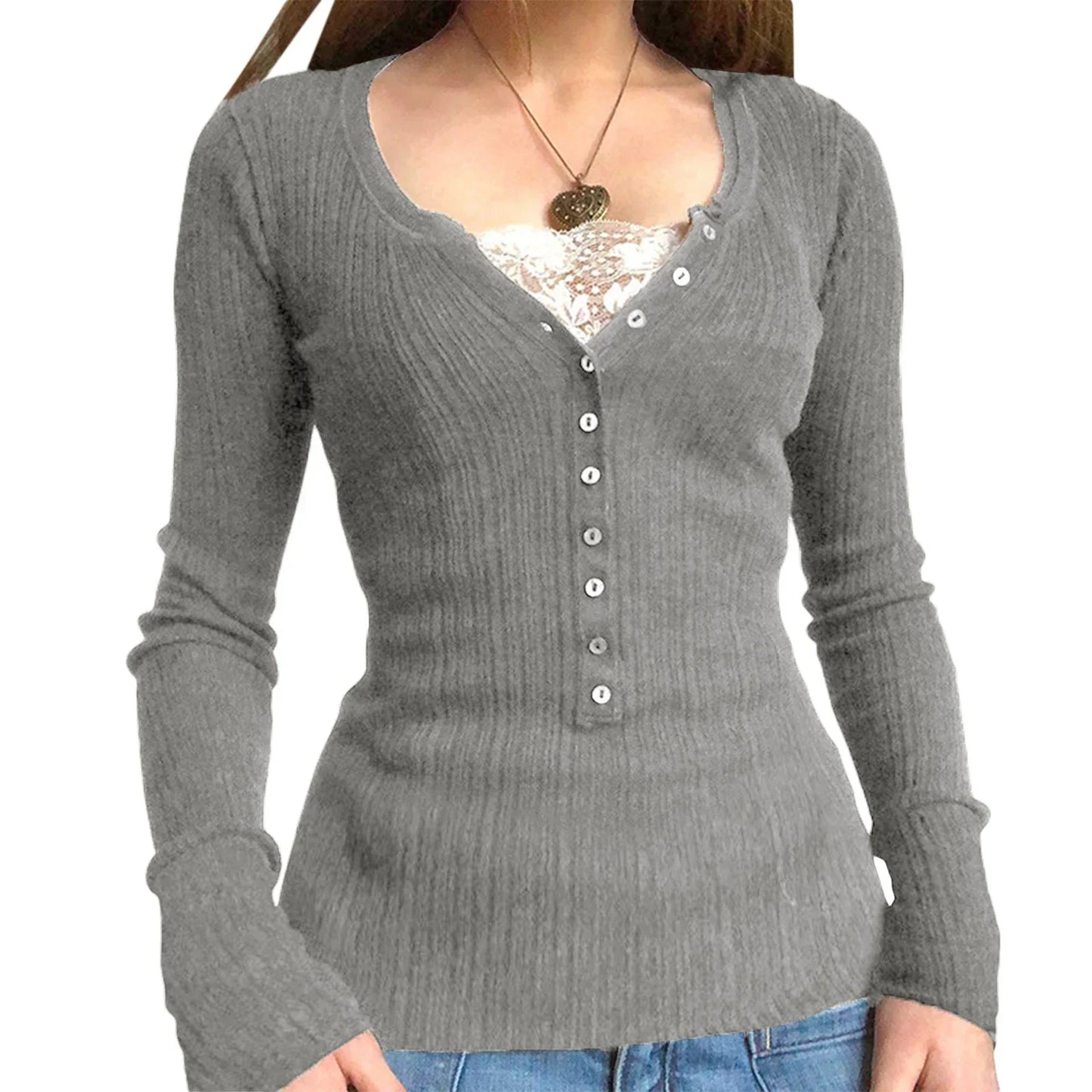 maoxiangshopWomen s Spring Autumn Slim Tops Black Long Sleeve Button Down Ribbed Skinny T-shirt