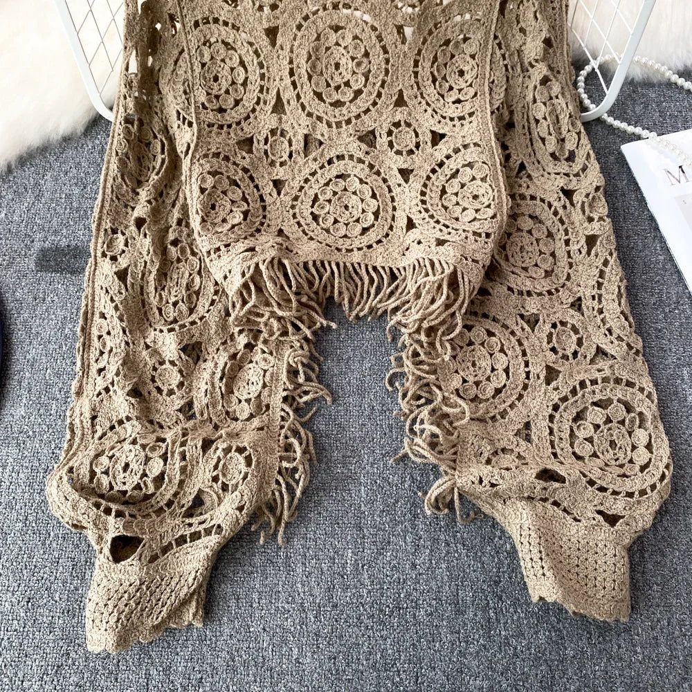 maoxiangshop Bohimian Sweater Women O-neck Lantern Sleeve Tassel Female Causal Crochet Tops Ladies Knitted Hollow Out Sweaters Dropshipping