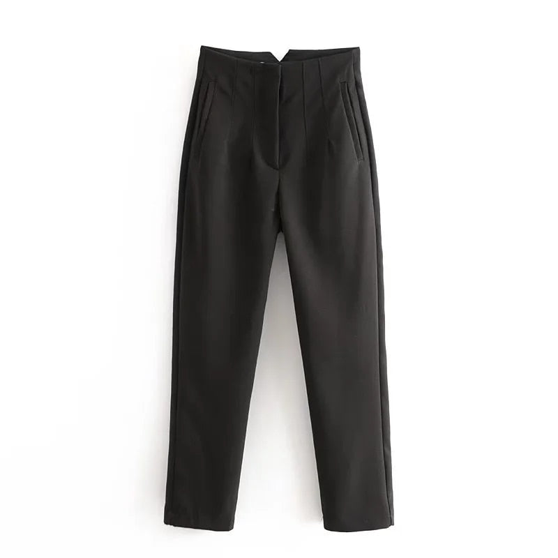 maoxiangshopWomen Light Blue Chic Fashion Office Wear Straight Pants Vintage High Waist Zipper Fly Female Trousers Fashion