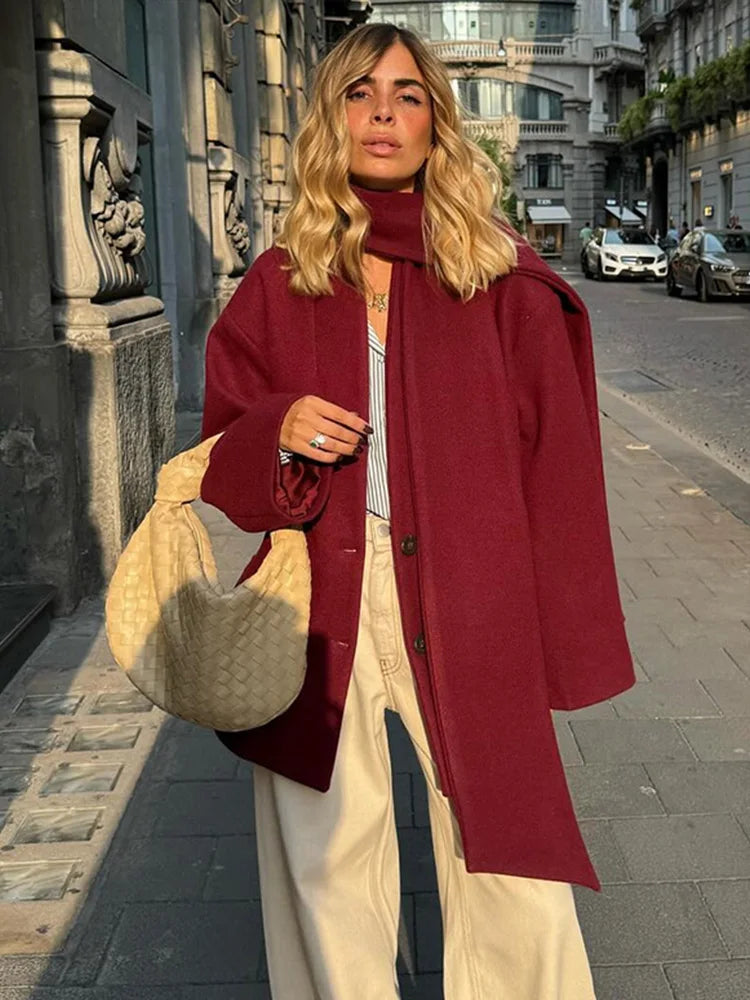 maoxiangshop - Elegant Woolen Coats With Scarf Collar Women Casual Loose Single Breasted Jackets Female Autumn Chic High Street Outwear Tops 