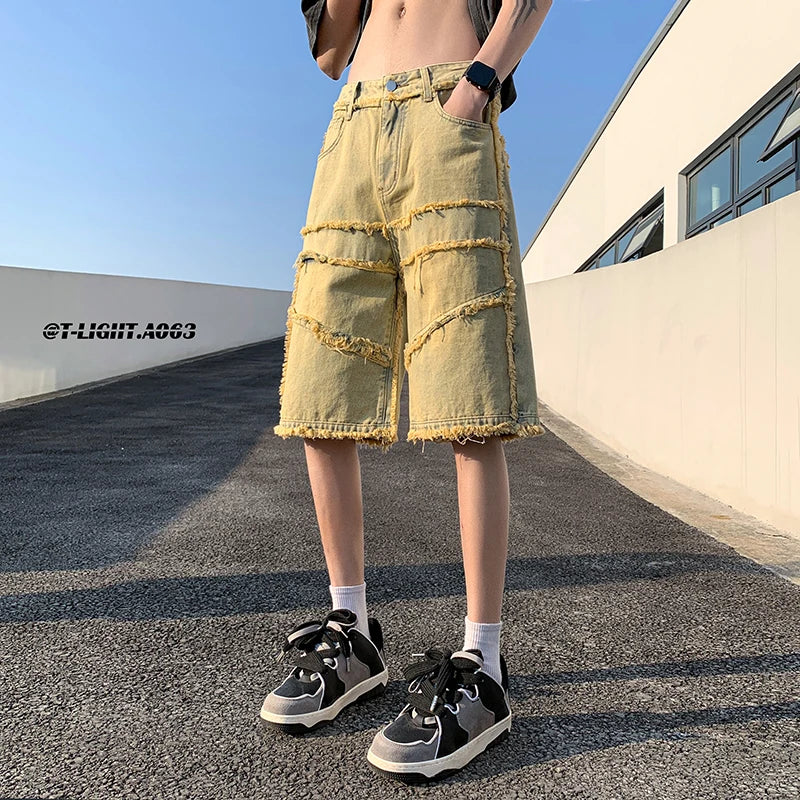 maoxiangshop American High Street Men's Wide Leg Denim Shorts Summer New Fashion Casual Baggy Short Jeans Male Chic Burrs Clothes