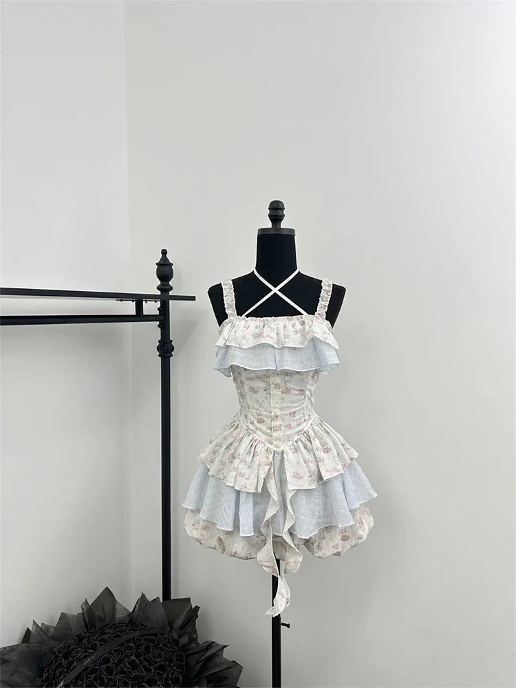 maoxiangshop Summer Women Korean Vintage Ballet Core 2000s Party Rave Y2k Outfits 2 Piece Set Mori Girl Floral Fairy Dress + Cute Mini Shorts