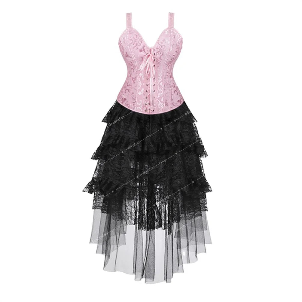 maoxiangshop - Steampunk Corset Skirt Bridal Lace Strap Bustiers with Gothic Tulle Dress Rave Outfits Evening Party Costumes Plus Size