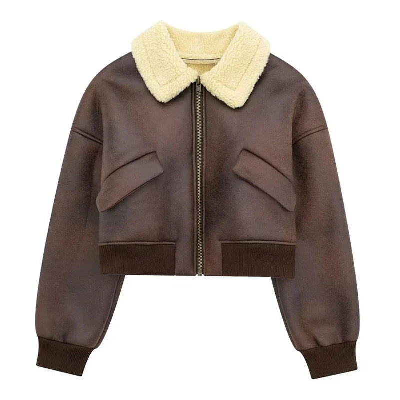 Loose Winter Leather Jacket Women 2023 New Female Vintage Lapel Faux Wool Belt Coat Thicken Warm Oversize Highstreet Outwear Top