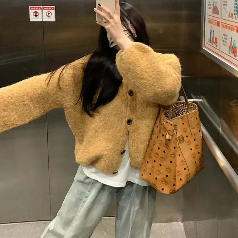 maoxiangshop - Solid Yellow Knit Sweater Cardigan Women Autumn Soft Sweet Slouchy Long Sleeve Round Neck Cute Schoolgirl Daily Loose Outerwear