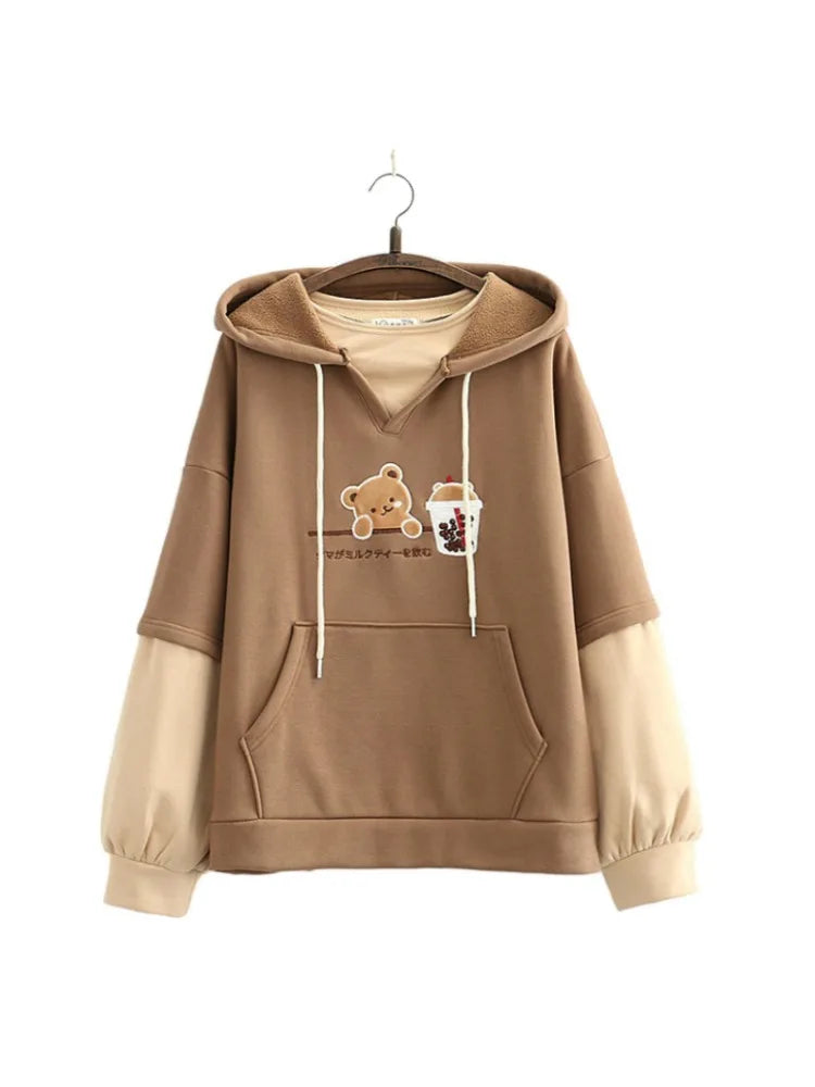 maoxiangshop Fleece Harajuku Cartoon Bear Embroidery Casual Hoodies Sweatshirt Women Winter Long Sleeve Patchwork Korean Style Pullover