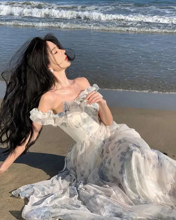 Women Fashion Bohemian Print Long Dresses France Elegant Ruffles Strap Beach Holiday Vestidos Korean One Piece A-Line Robe
