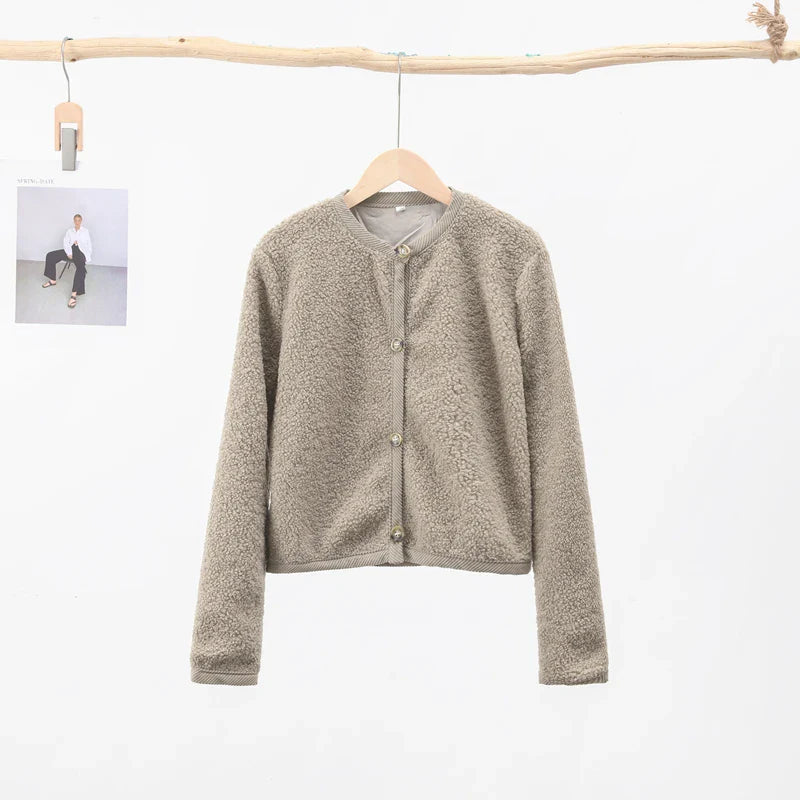 maoxiangshop - Fashion Lamb Wool Women Short Coats O-neck Long Sleeve Single Breasted Jackets Female Autumn Winter Office Lady Commuting Coat