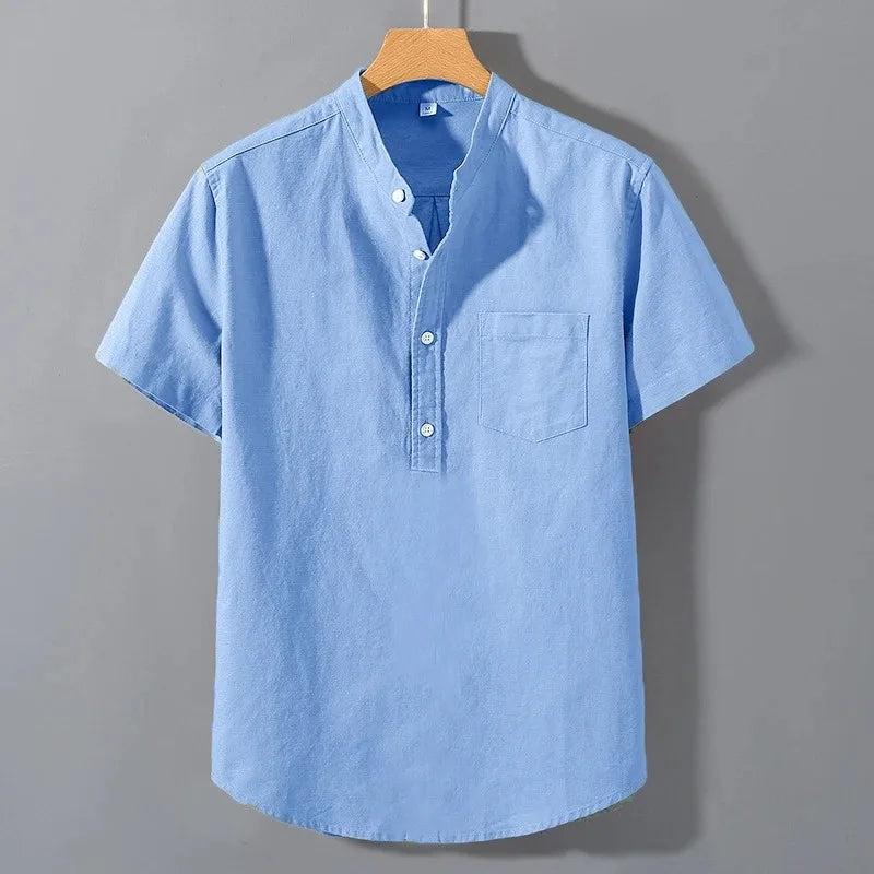 maoxiangshop New Mens Short Sleeve T Shirts Solid Color Stand Up Collar Shirt Summer Trendy Breathable Loose Youth Basic Cotton Pocket Top