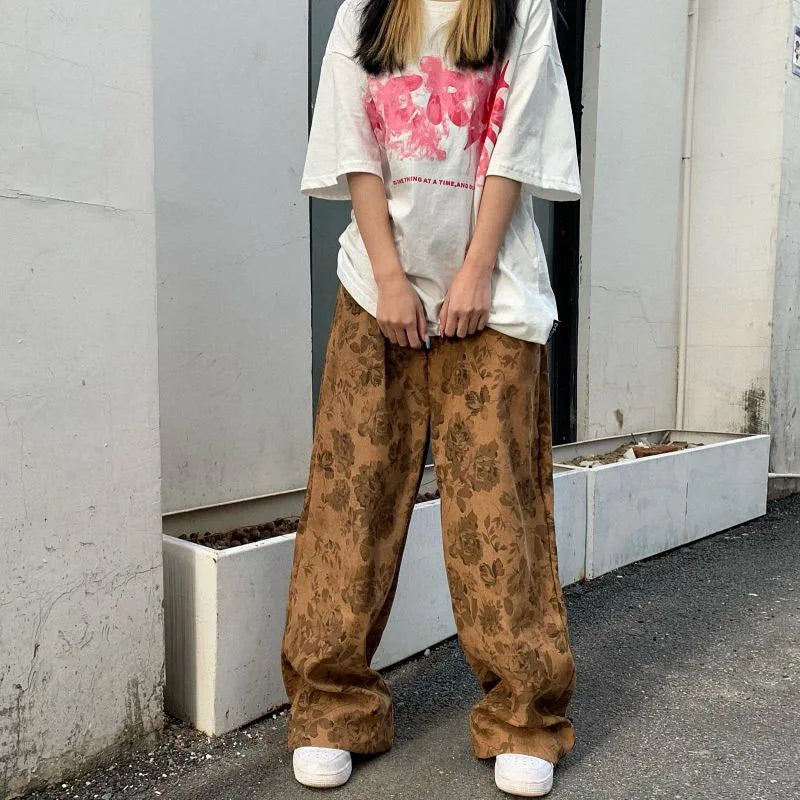 Lucyever Summer Thin Retro Corduroy Pants Women Harajuku Printed Baggy Wide Leg Trousers Teen High Street Unisex Hip Hop Pants