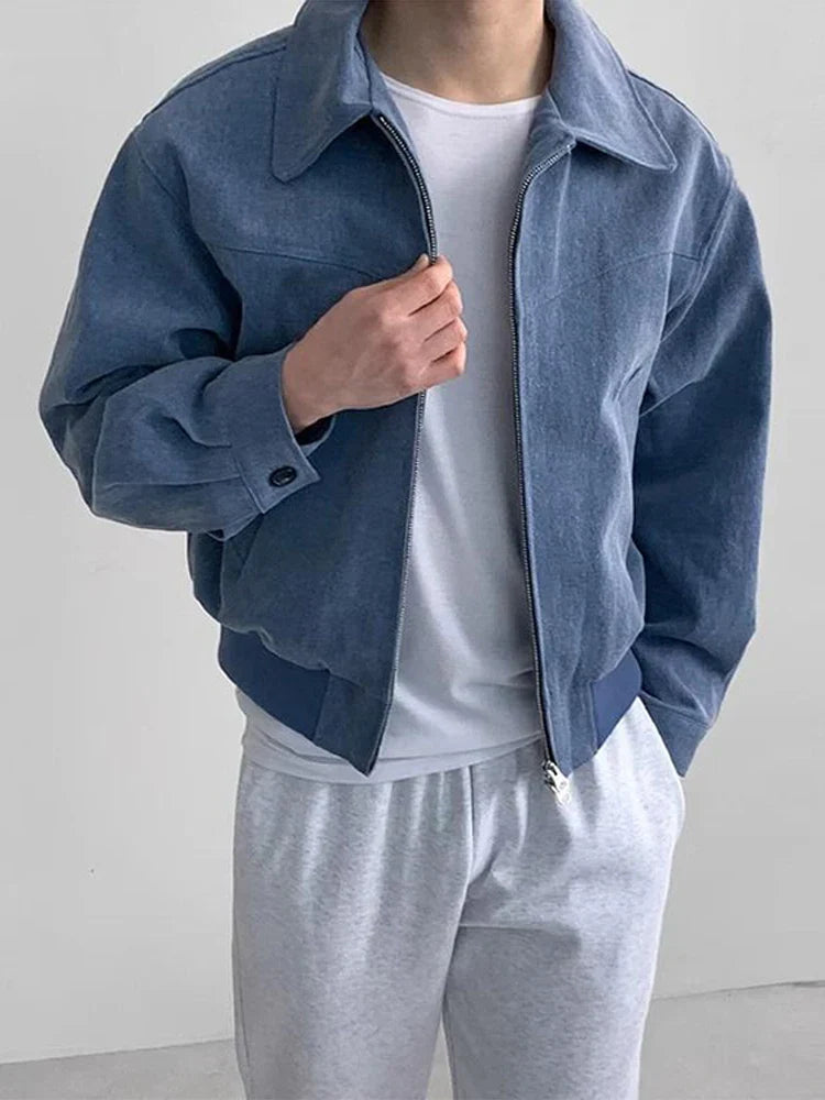 maoxiangshop Vintage Jacket Man Casual Loose Zipper Fashion Retro Short Coat Men Spring High Quality Solid Turndown Collar Street Outwears