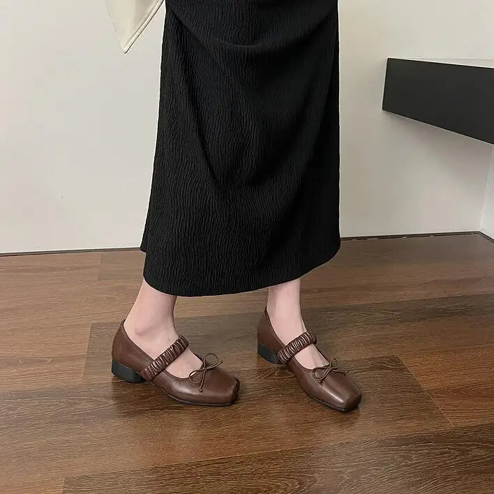 maoxiangshop - Korean Style Retro Mary Jane Shoes Square Toe Women's Shoes Bowknot PU Ballet Flats Spring/Autumn Flats Women Shoes
