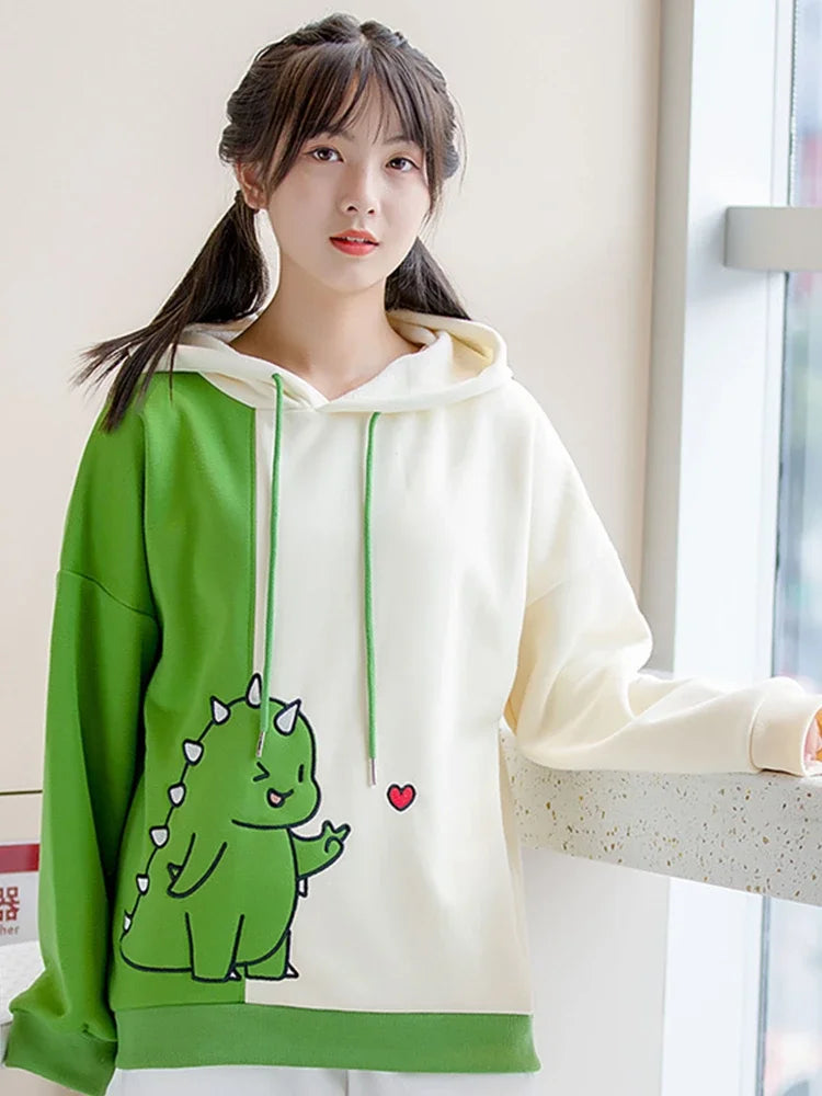 maoxiangshop Harajuku Kawaii Hoodies Cartoon Dinosaur Print Casual Women Winter Warm Fleece Hooded Cotton Sweatshirt Teen Girls Cute Top