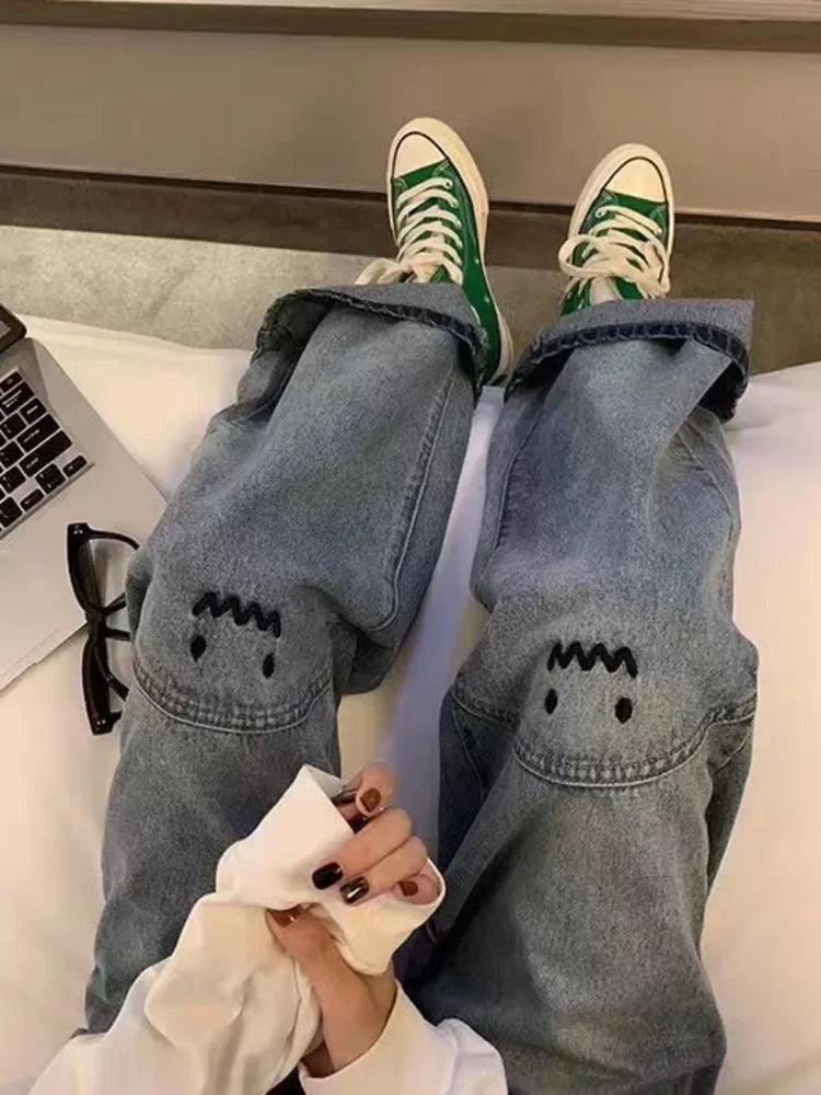 maoxiangshopIns Ladies Jeans Personality Letter Jeans Hip Hop Tide Street Trend Ruffian Handsome Trousers High Waisted Wide Leg Pants