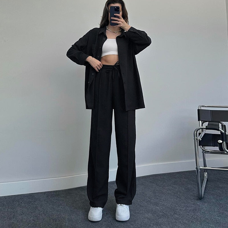 maoxiangshop New Womans Suit Autumn Sleepwear Two-piece Women's Homewear Long Sleeve Cropped Button Shirt + Wide Leg Pants Suit Ladies