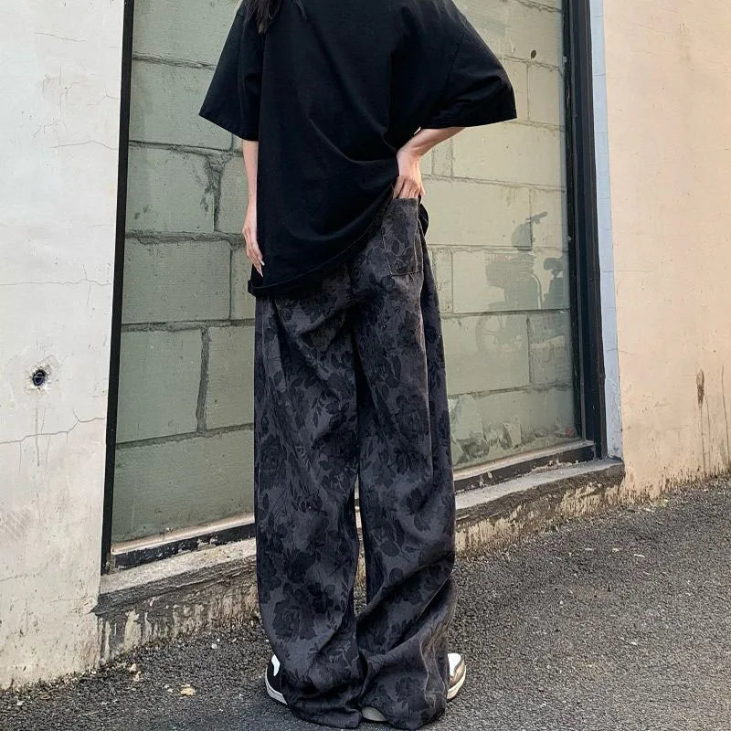 Lucyever Summer Thin Retro Corduroy Pants Women Harajuku Printed Baggy Wide Leg Trousers Teen High Street Unisex Hip Hop Pants
