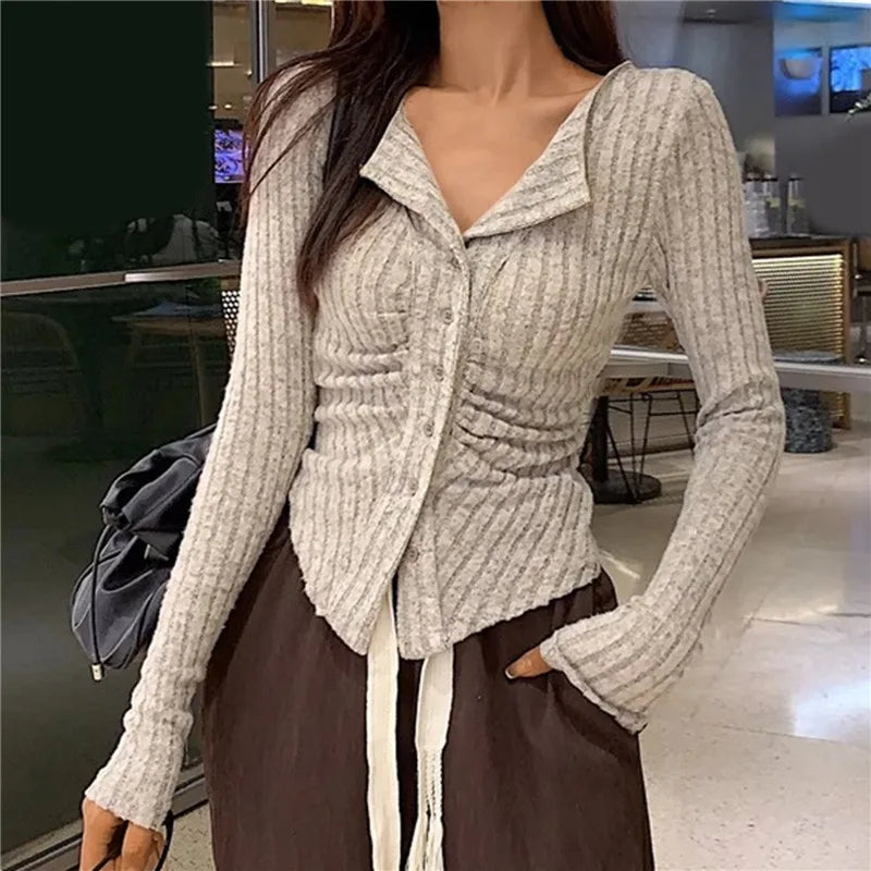 Y2k Knitted Cardigan Women Collar Sweater Coat Vintage Long Sleeve Single Breasted Top Autumn Fashion Girls Knitwear Jumper