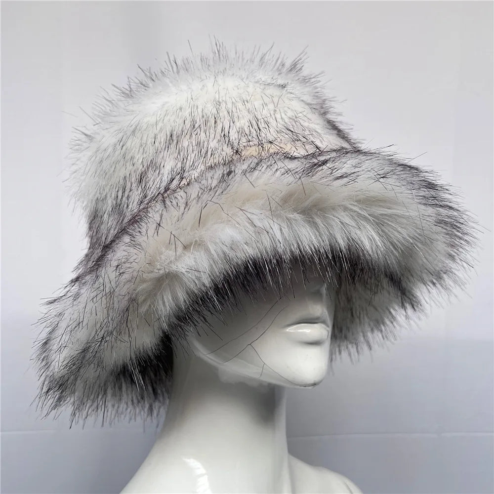 maoxiangshop - Luxury Ins Hot Y2k Girls Faux Fox Fur Bucket Hat Women Winter Warm Rabbit Fur Plush Fisherman Hat Cap Festival Party Ski Panama