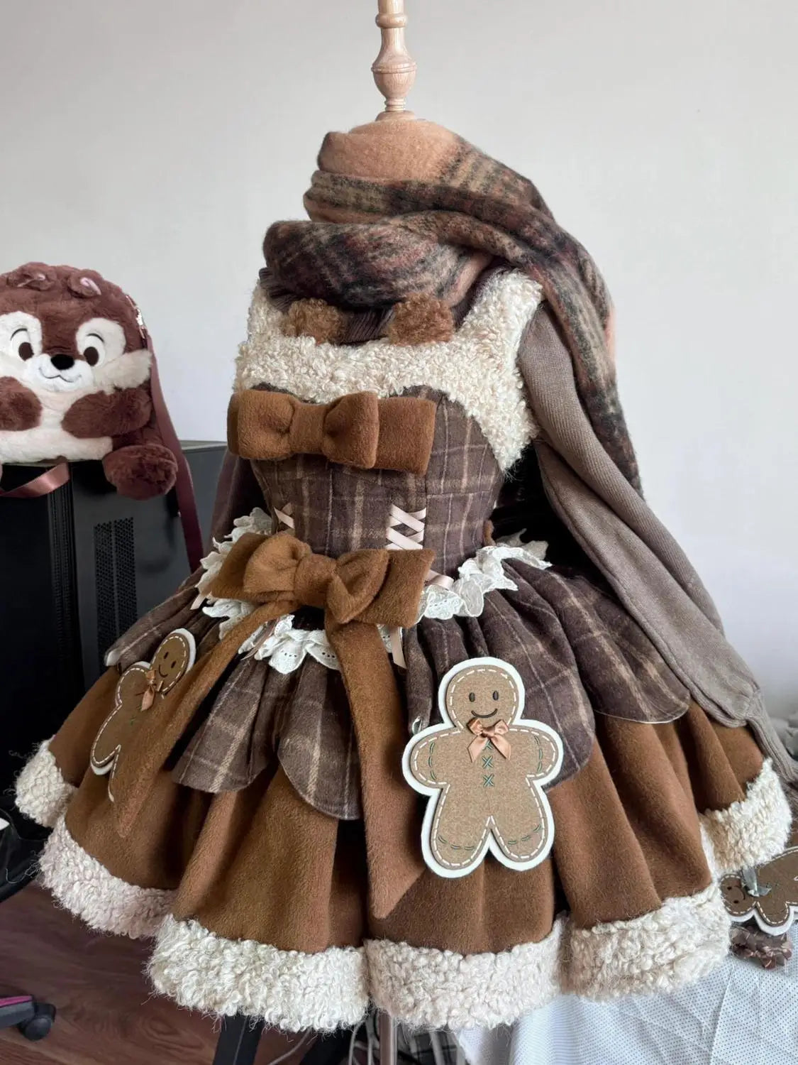 maoxiangshop - New Sweet Cute Lolita Dress Set for Women Autumn/Winter Spliced Plaid Strap Mini Dress Cloak Coat Two Piece Set Women Outfits