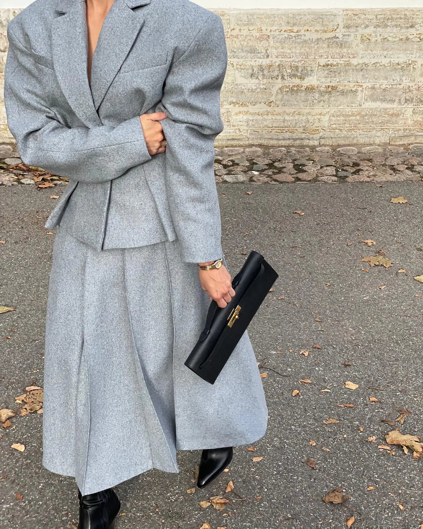 maoxiangshop - 2024 Autumn New Grey Pleated Skirt Set For Women Solid Lapel Collar Blazers High Waist Skirts 2 Pieces Set Lady Party Club Suit