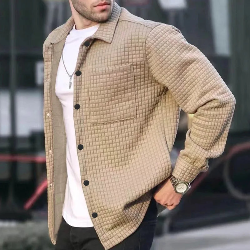 maoxiangshop Autumn Men Cardigan Small Checkered Long-sleeved Coat Shirt Men's Fashion Casual Large Size