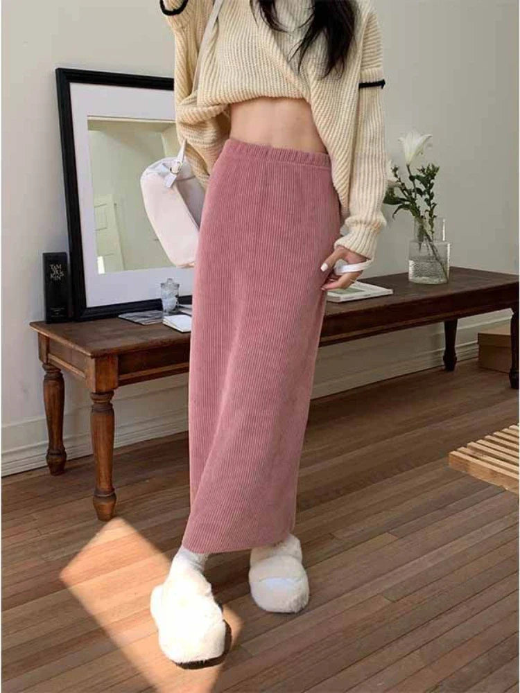 maoxiangshop Corduroy Midi Skirts Women Casual Solid Elegant Harajuku Lovely Females College Warm A-line Elastic High Waist Korean Fashion