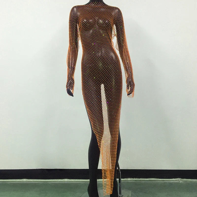 maoxiangshop-Y2K Sexy Shiny Rhinestones Grid Fishnet Dress Long Sleeve Hollow Out Side Slit Dress Beach Cover Up Breathable Lady Vestidos