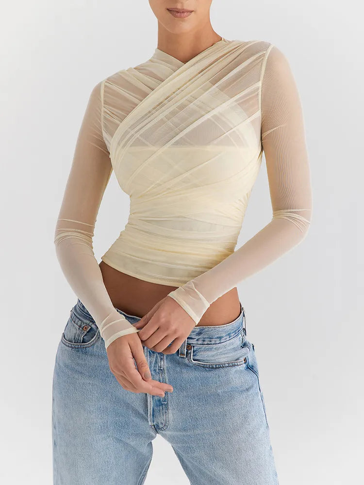 maoxiangshopSheer Mesh Long Sleeve Sexy T-shirt Women Autumn New V Neck Zipper Layered Skinny Club Party Sexy Tops