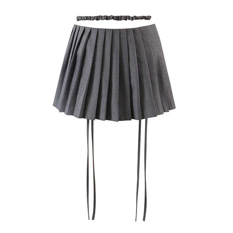 maoxiangshop - New Y2k Mini Skirts 90s Cute Streetwear Casual Grey Pleated Skirts With Belt Hot Zipped A-Line Women Short Skirt Summer