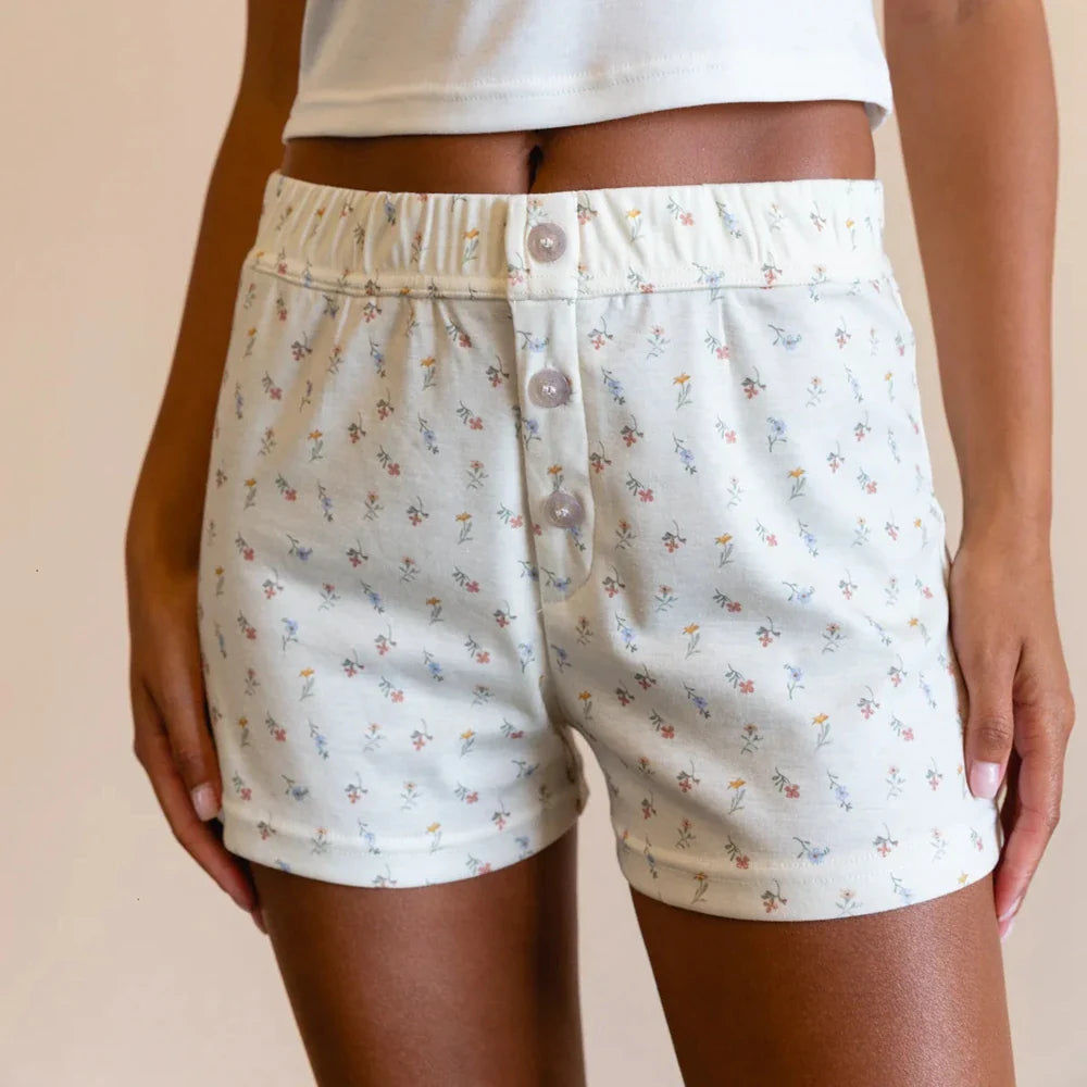 maoxiangshop - Women's Y2K Kawaii Summer Floral Print Button Elastic Mid Waist Cute Lounging Shorts Slim Fit Straight Sleep Bottoms