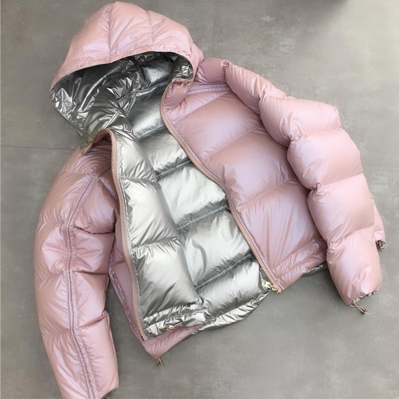 maoxiangshop Gold Silver Double Side Down Coat Winter Jacket Women Big Aritificial Fur White Duck Down Parkas Female Down Outerwear
