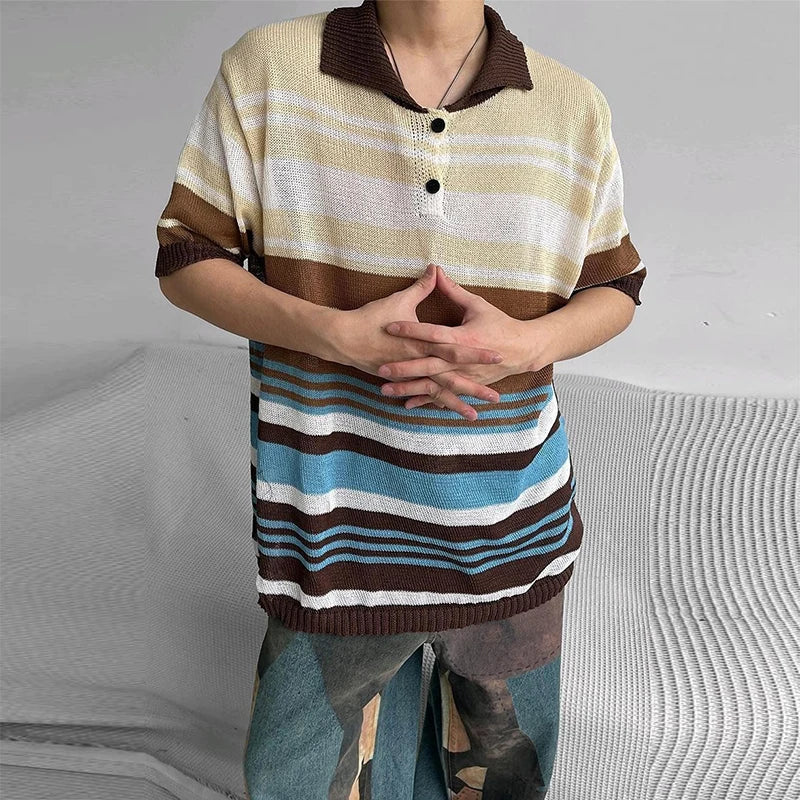 maoxiangshop Vintage Y2K Striped Polo Shirt Mens Knitwear Summer Short Sleeve Buttoned Lapel Knit Tops For Men Casual Loose Breathable Polos