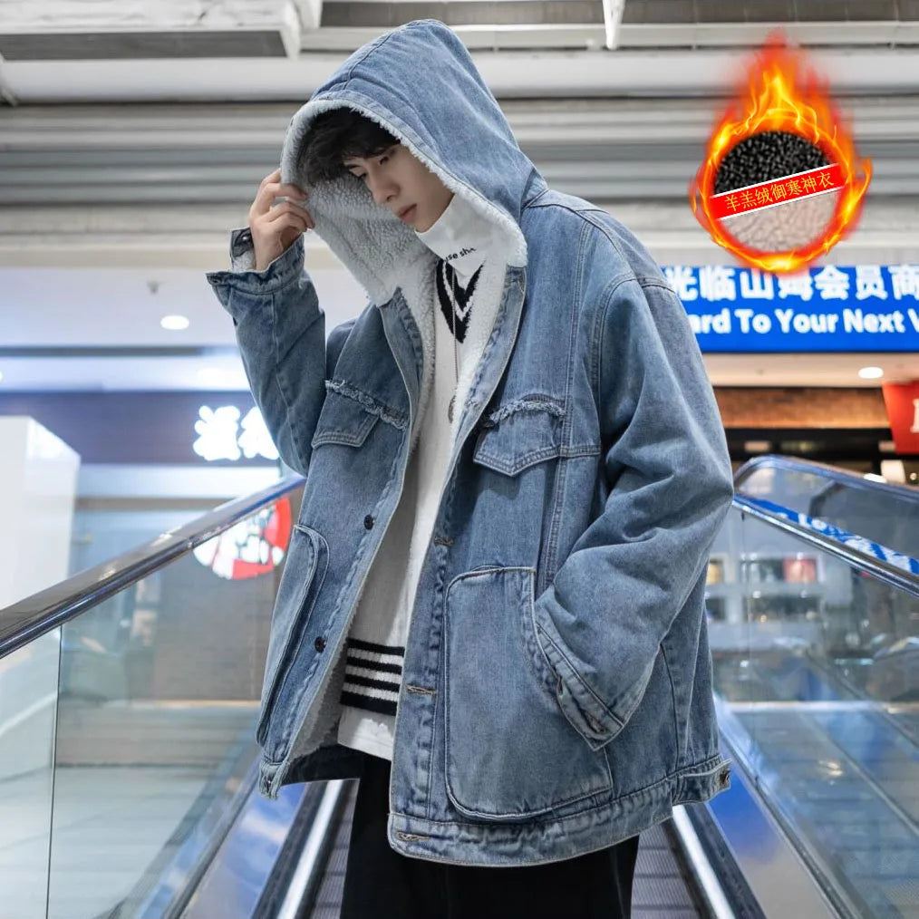 maoxiangshop Men Winter Fleece Hooded Jean Jackets Blue Cowboy Outerwear Thick Warm Denim Coats Big Pockets Men Denim Jacket Plus Size 4XL-S