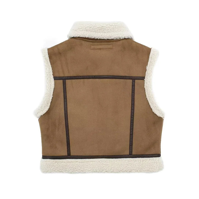 maoxiangshop - Brown Patchwork Pocket Fur Teddy Coats Autumn Sleeveless Thicken Covered Button Cardigan Vest 2023 Female Loose Street Waistcoat