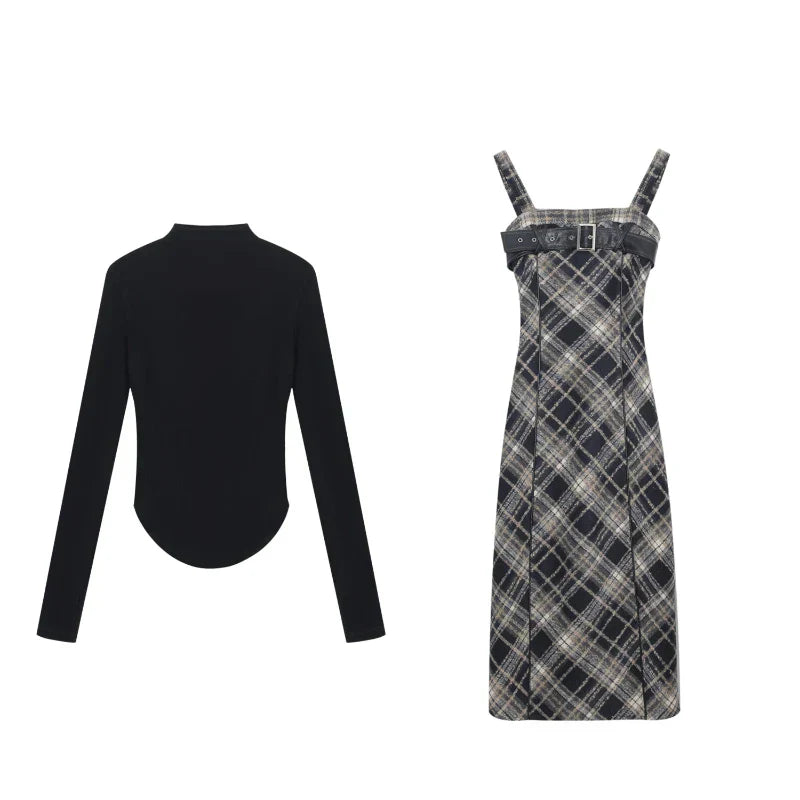 Autumn Elegant Plaid 2 Piece Dress Set Women Outwear Casual Black Blouse + Vintage Slim Strap Dress Korean Fashion Suit