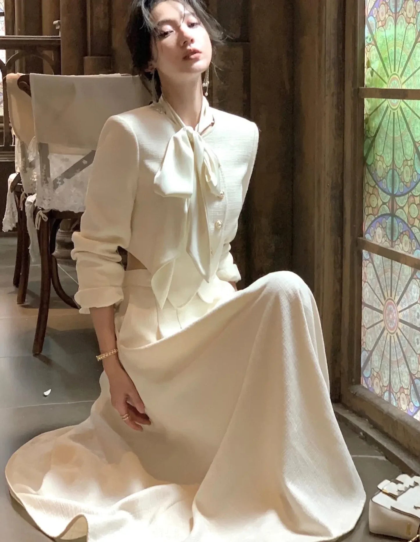 Korean Elegant Blazer 2 Piece Sets for Women Button Jacket with Tie High Waist Skirts Suit Spring Autumn Fashion Party Outfits