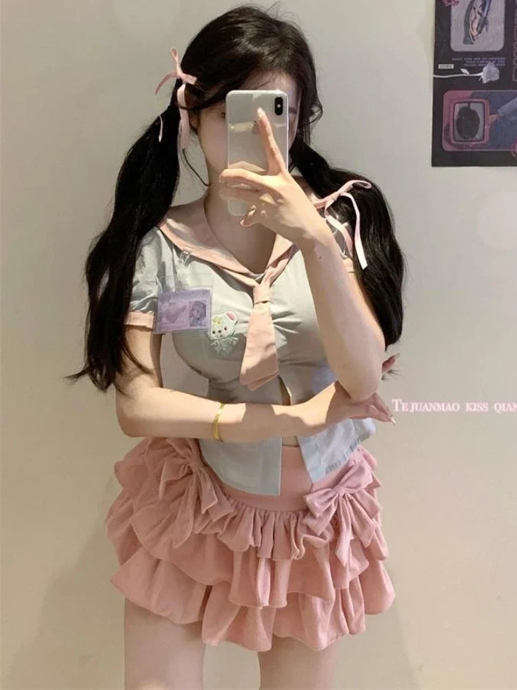 maoxiangshop Pink Kawaii Skirt Women Ruffle Patchwork Layered Bow High Waist Cute Mini Skirt Shorts Harajuku Japanese Style Soft Girl