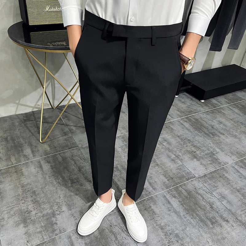 maoxiangshop 2024 Summer Fashion Mens Dark Green Suit Pants Pure Color Business Occupation Slim Fit Dress Office Ankle Trousers