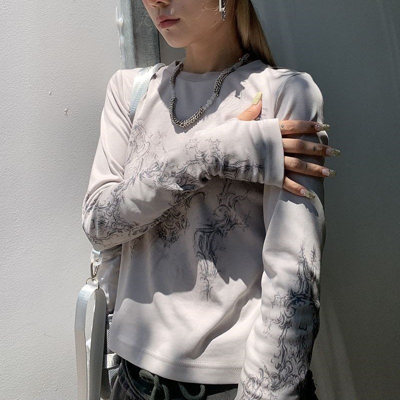 Vintage Women Clothes Y2K T-shirts Blusas O-neck Long Sleeve Print Tunic Grunge Woman Clothing Fashion Casual Crop Tops