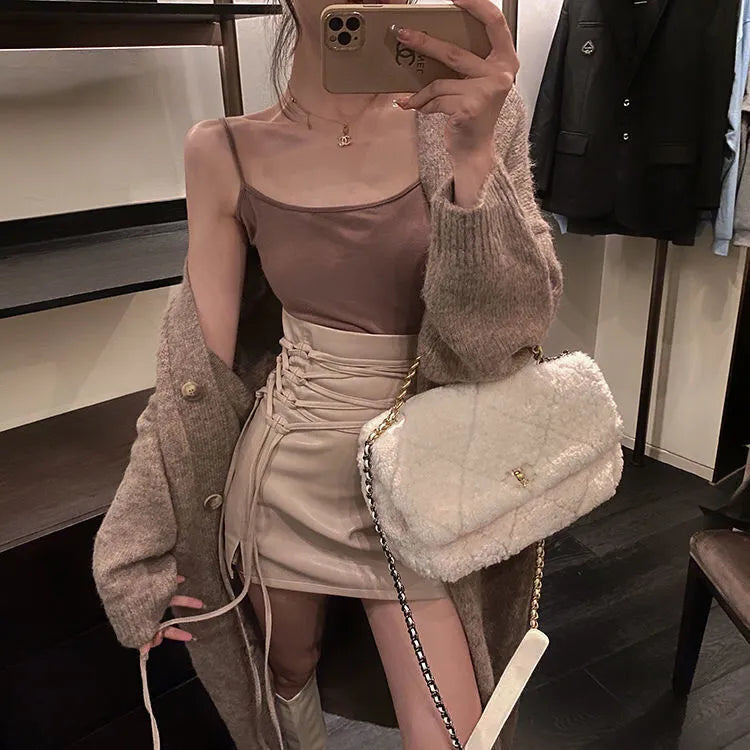 maoxiangshop Fashion Women Ladies Skirt Spring Autumn Solid Color Sexy Clubwear Mini Skirt High Waist Lace-Up Pencil Cross Skirt For Women