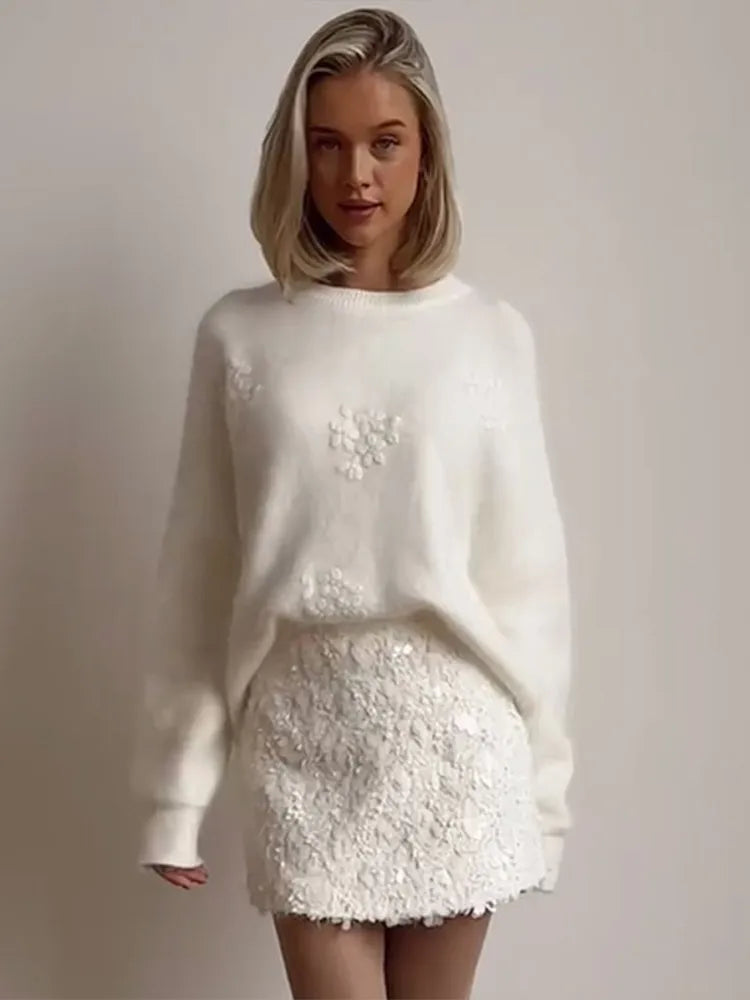 maoxiangshop - Fashion Lady Jacquard Embroidery Solid Knitted Sweater Casual O Neck Long Sleeves Loose Pullover Autumn Winter Chic Lady Jumpers