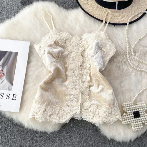 maoxiangshop Velvet V-neck Sexy Top Women Spaghetti Strap Backless Floral Lace Patchwork Female Tank Tops Autumn Chic Camisole