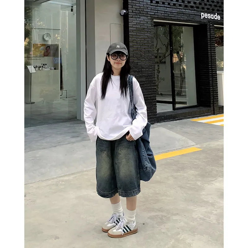 Fashion Harajuku Vintage High Waist 2000S Blue Denim Shorts Women's Casual Loose Fit Y2K Punk Streetwear Style Baggy Shorts
