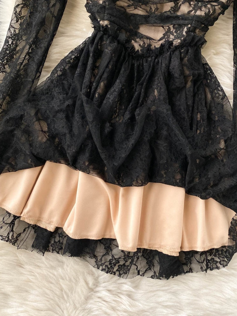 maoxiangshop Elegant Black Lace Dress Women Sexy Hollow Out Mini Party Dress Square Collar Full Sleeve Slim Waist A-line Clubwear Robe Femme