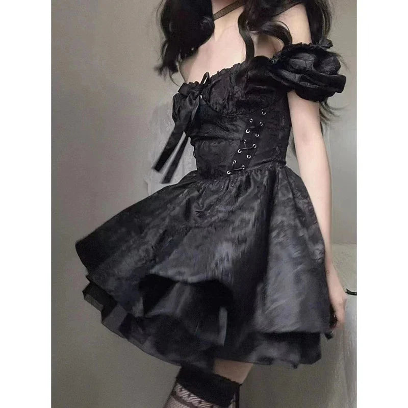 Gothic Black Mini Dress Women Vintage Sexy Spaghetti Strap High Waist Dresses 90s Egirl Punk Grunge Slim Party Club Dress Women