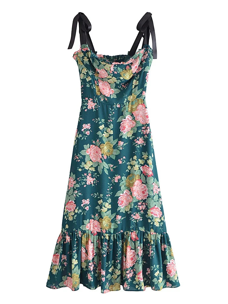 2022 Summer New Lace Up Bowknot Strap High Waist French Vintage Printed Ruffle Dress Female Fashion Midi Dresses Women