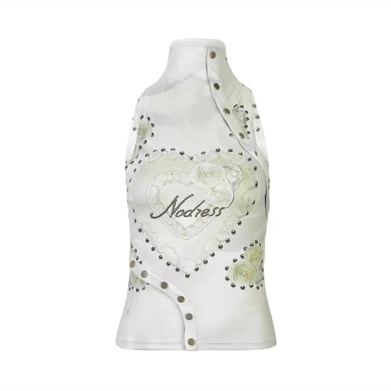 maoxiangshop - Rivet Button Printed Vest for Women American Retro Fashion Street Slim T-shirt Summer Sexy Hot Girl Y2k Crop Top Gothic Clothes