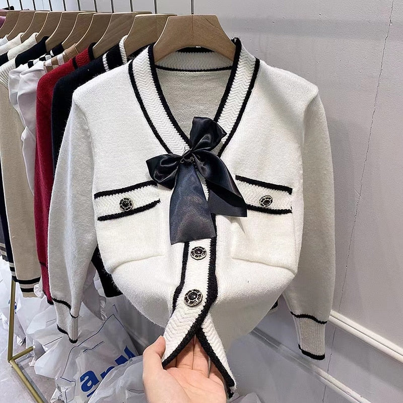 Knitted Cardigan Female Red Short Fashion Sweater women's Loose Bow Solid Long-Sleeved Kawaii Autumn High-Waist Knitted Top