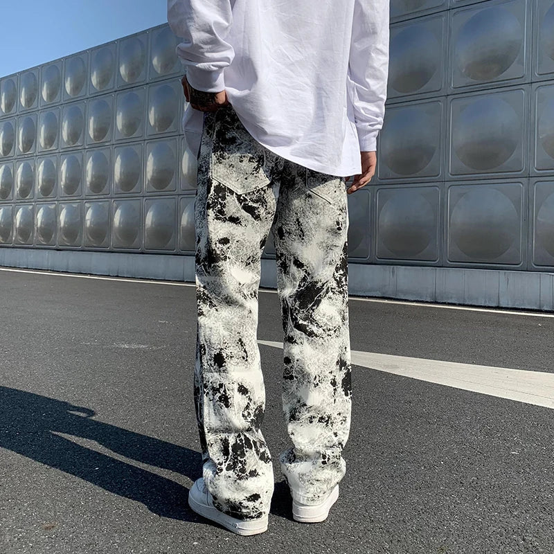 maoxiangshop Mens Fashion Printed jeans Spring Mopping Trousers Jeans Korean Style High Street Loose Hip Hop Wide-leg Jean Pants