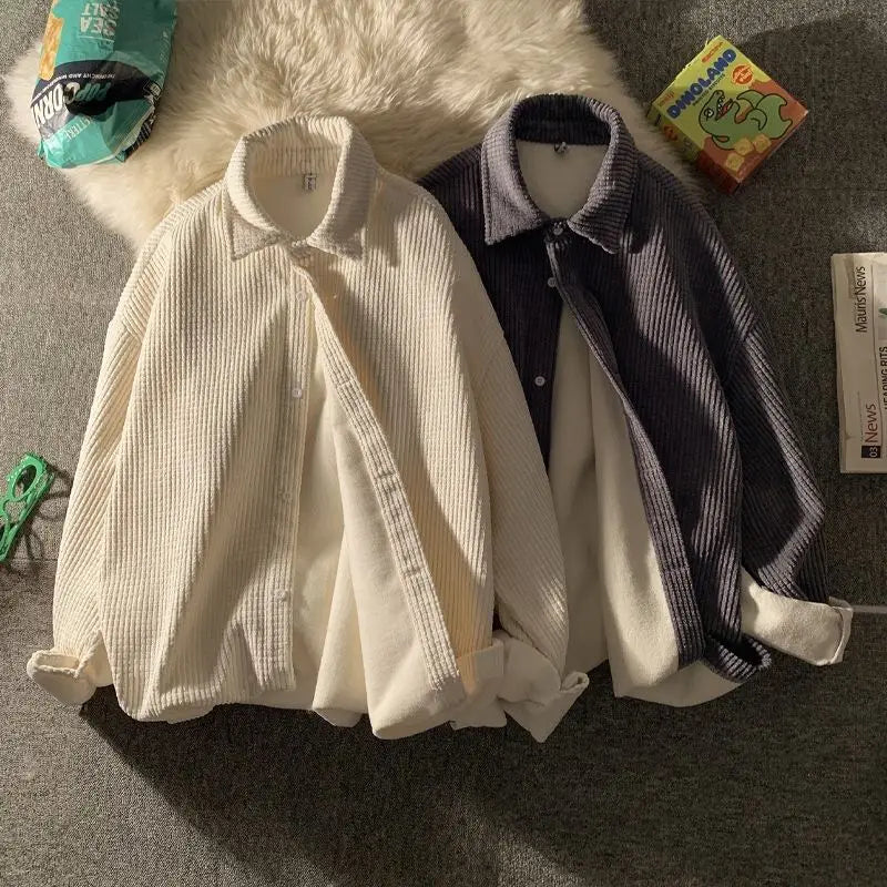 maoxiangshop Autumn and Winter Fashion Casual Loose Oversize Lapel Waffle Long Sleeved Solid Color Plush Thickened Men's Shirt Jacket